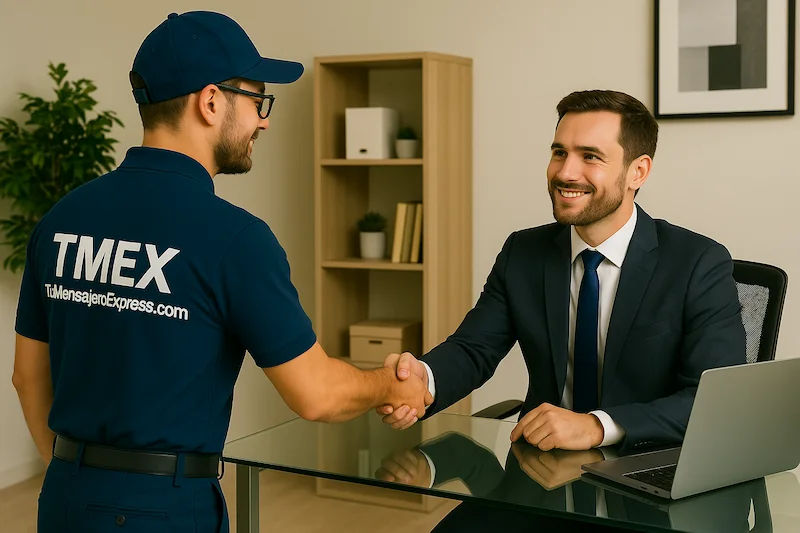 Mensajero tmex dándole la mano a un ejecutivo