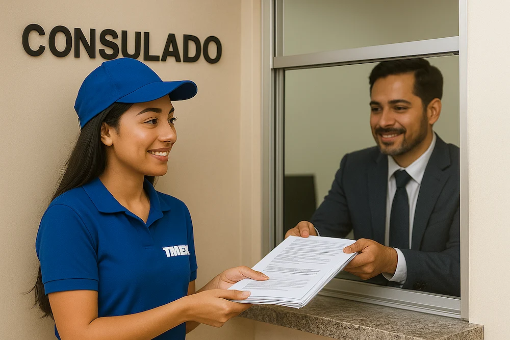Mensajera TMEX en el consulado radicando documentos