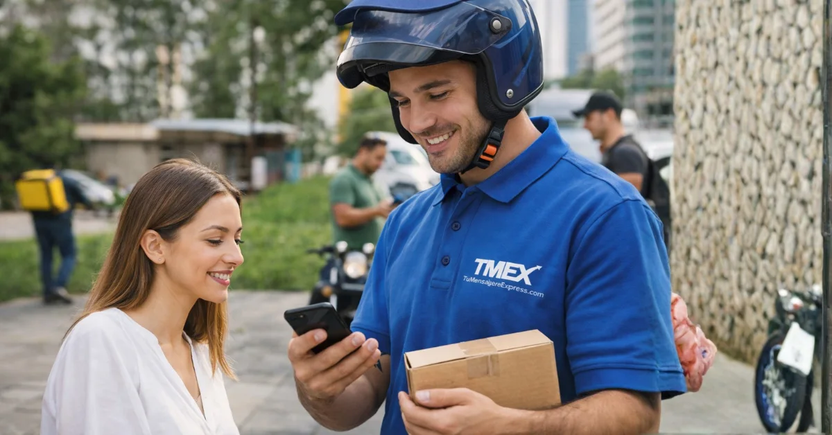 Mensajero entegando un paquete de ecommerce en calle de bogota