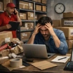 Emprendedor estresado entre paquetes y devoluciones, reflejando una logística deficiente ecommerce.