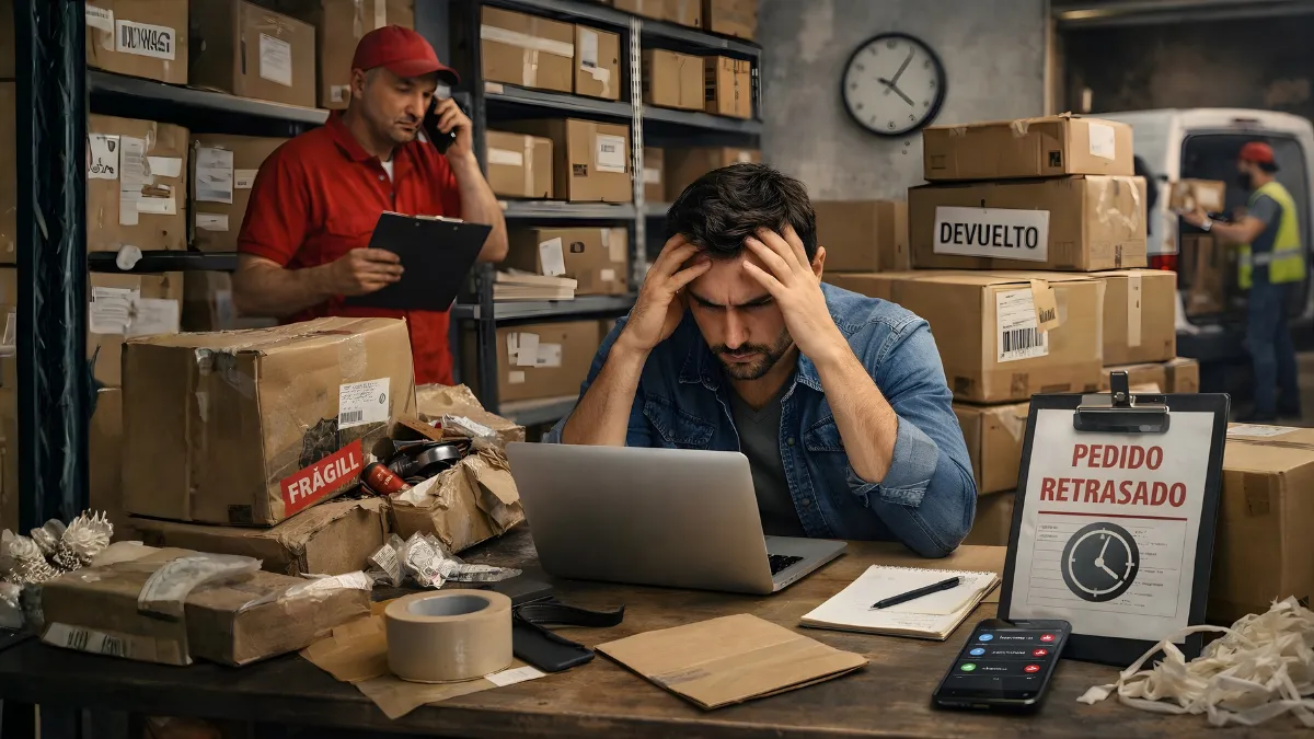 Emprendedor estresado entre paquetes y devoluciones, reflejando una logística deficiente ecommerce.