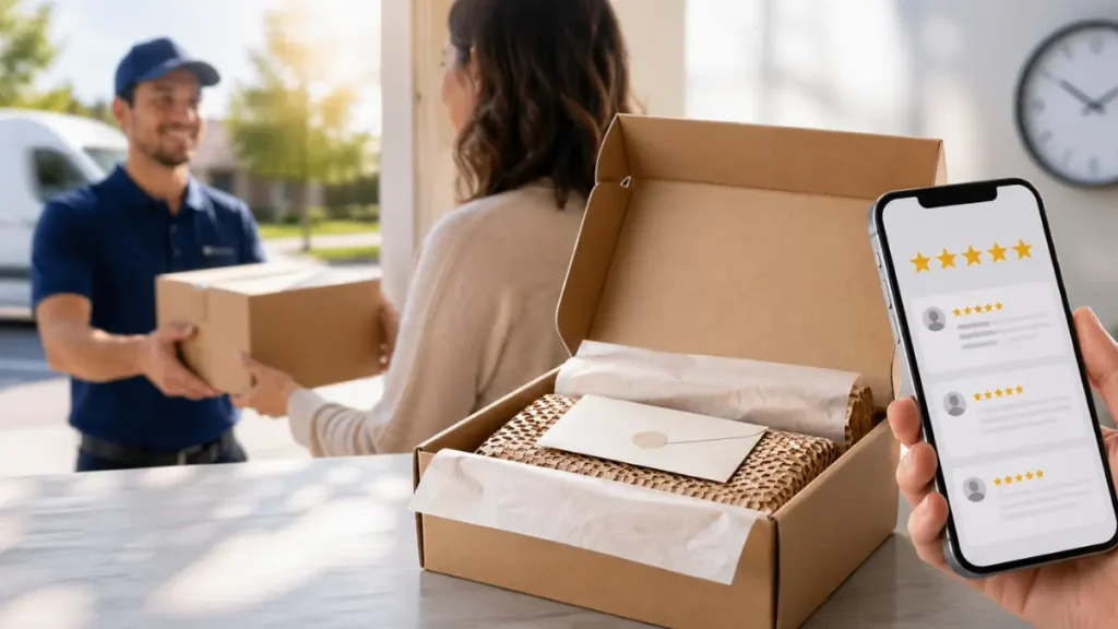 Mujer abriendo caja con empaque impecable. Cómo el empaque y la rapidez influyen en tus reseñas de Google.
