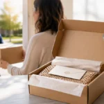 Mujer abriendo caja con empaque impecable. Cómo el empaque y la rapidez influyen en tus reseñas de Google.